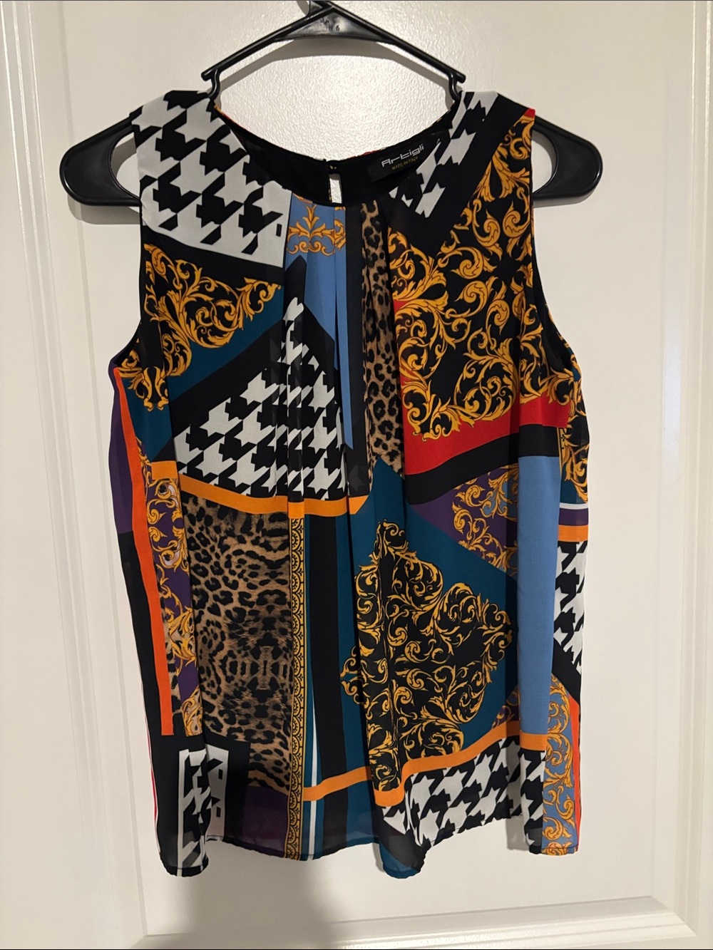 Mixed-Print Sleeveless Blouse in Black & Gold by Artigli